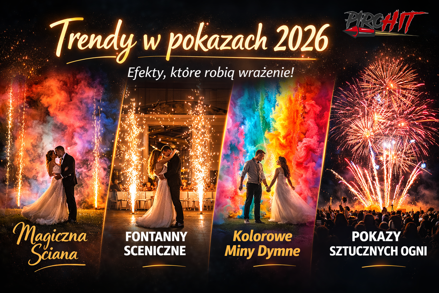 Pokazy sztucznych ogni 2026 – Magiczna Ściana, fontanny sceniczne, miny dymne i pokazy plenerowe